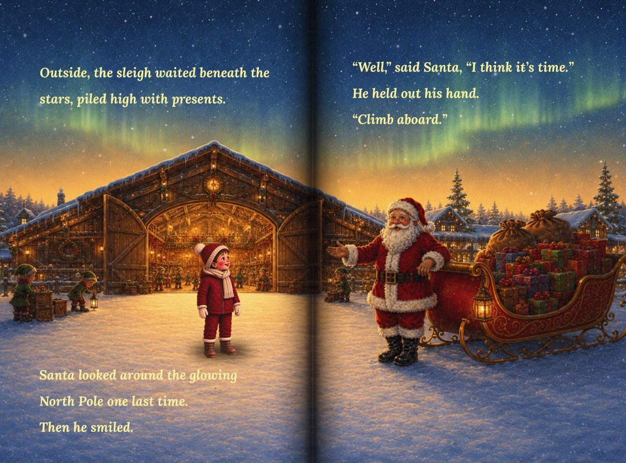 The sleigh waits beneath the stars, piled high with presents.