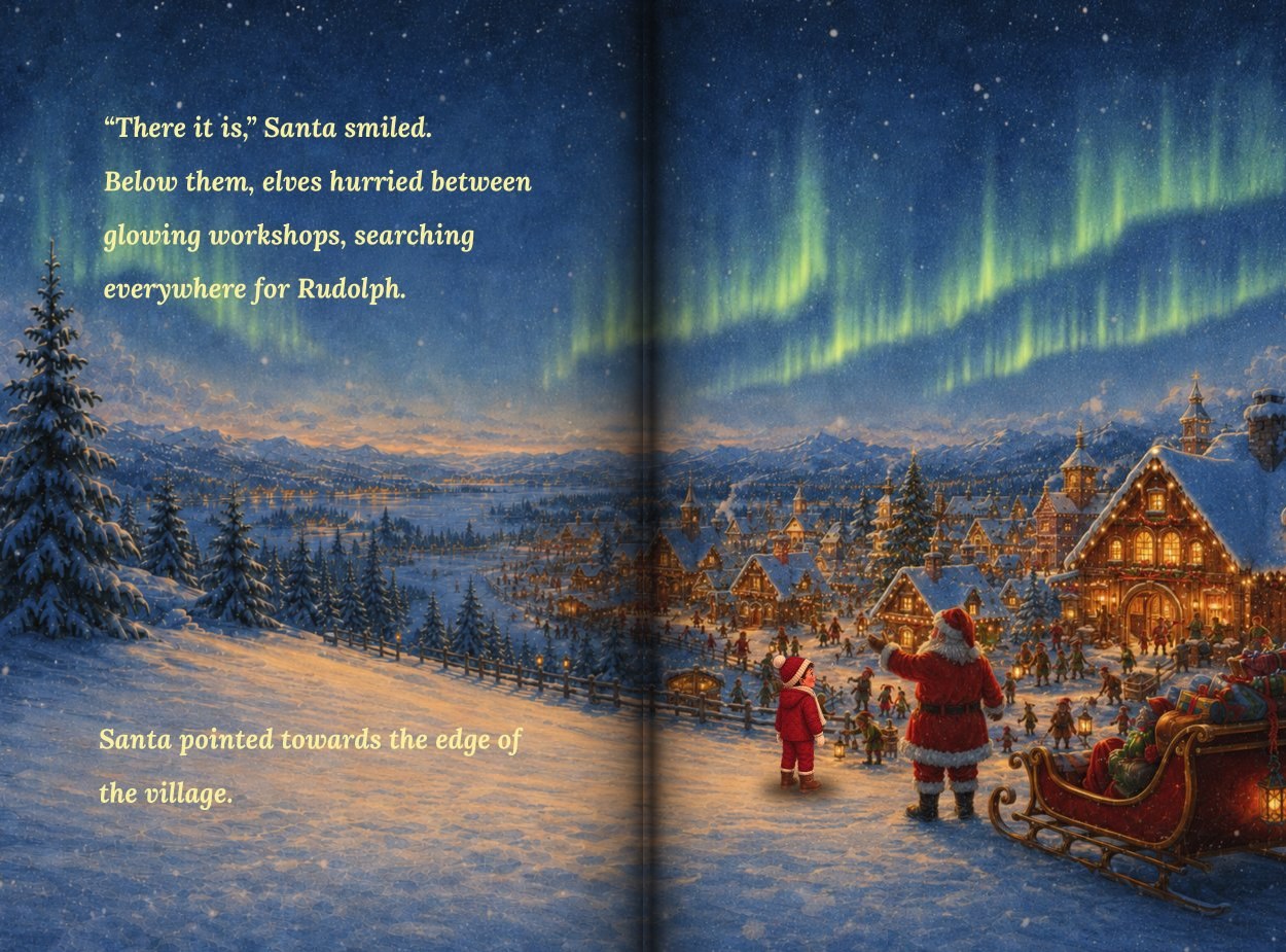 Northern lights above the glowing elf village.